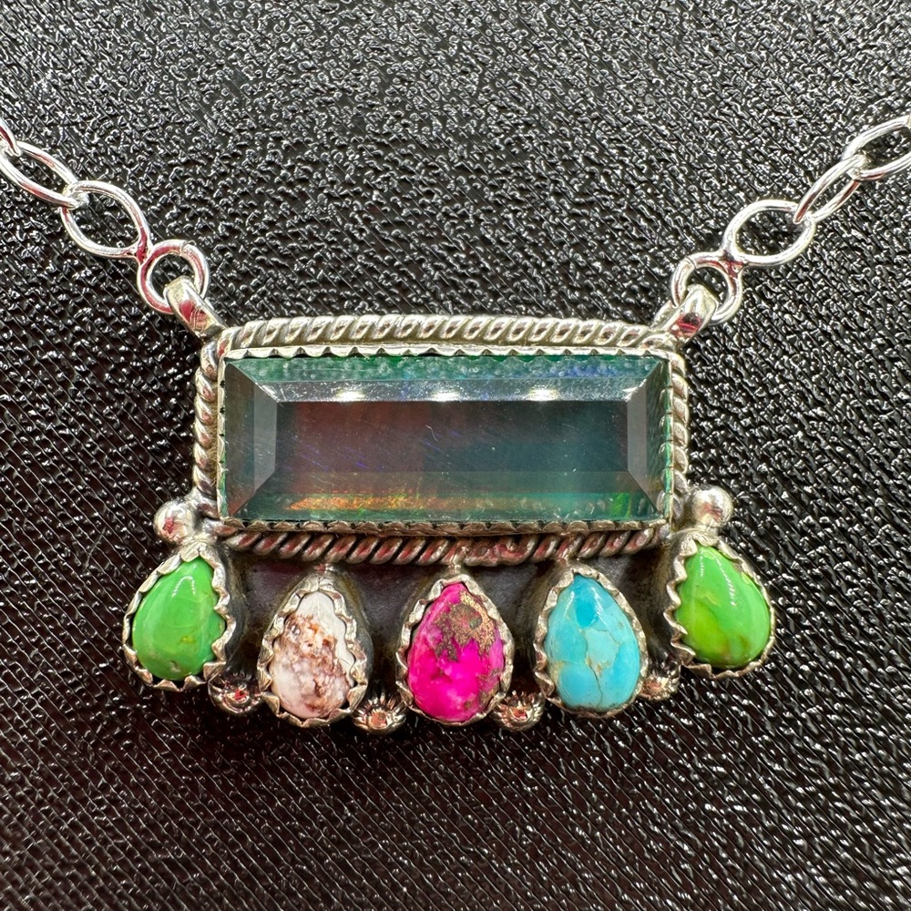 🔥 OOAK Aurora Opal Turquoise Jasper Bar Necklace Sterling Silver 925 Handmade